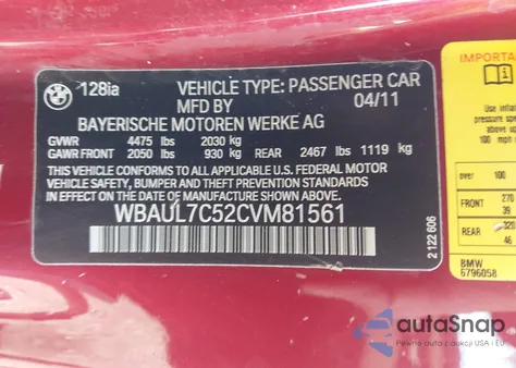 2012 BMW 128I I from USA, damaged, VIN WBAUL7C52CVM81561
